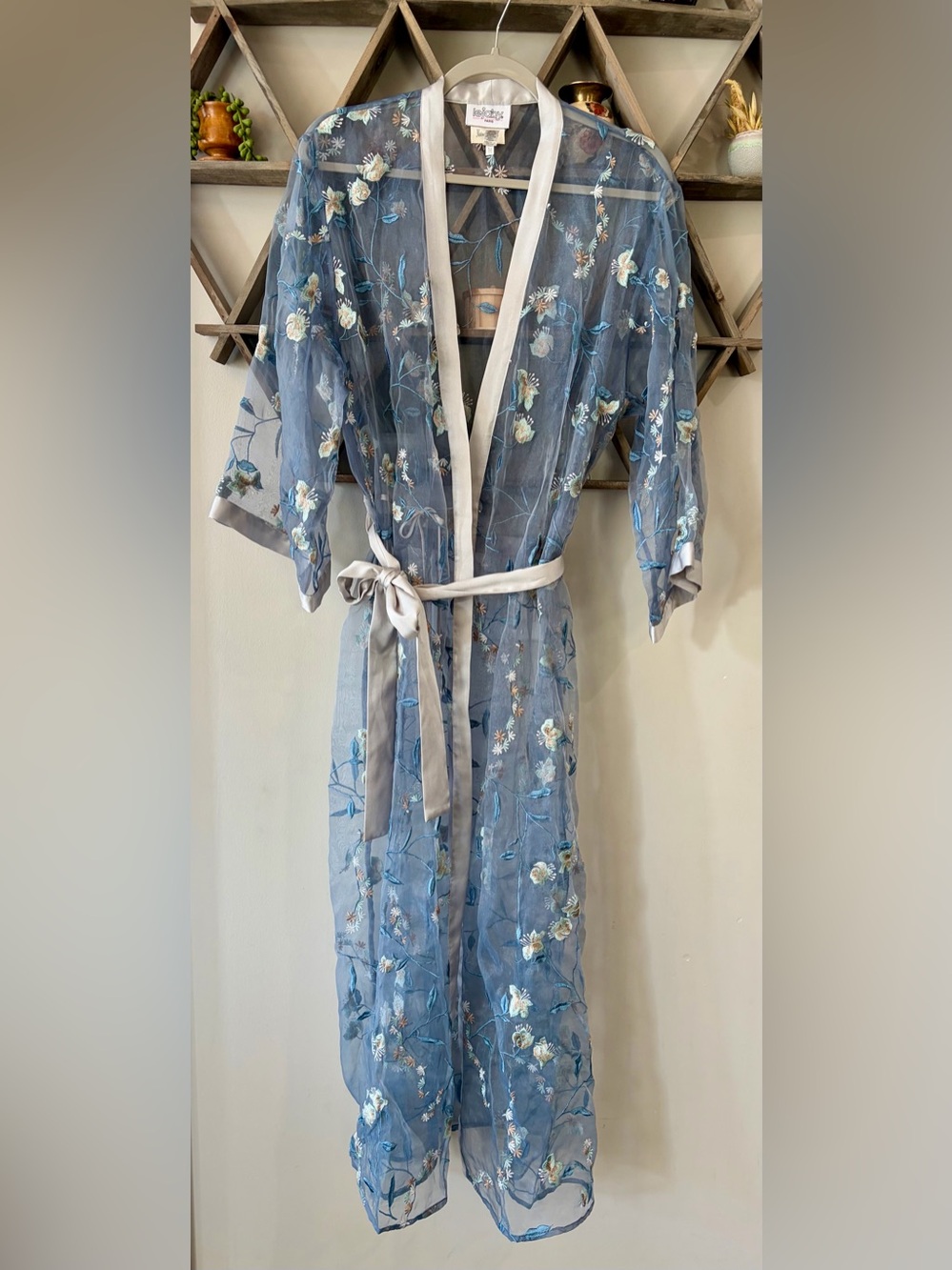 Vintage Maison Lejaby Neiman Marcus Sheer Blue Floral Embroidered Kimono Robe